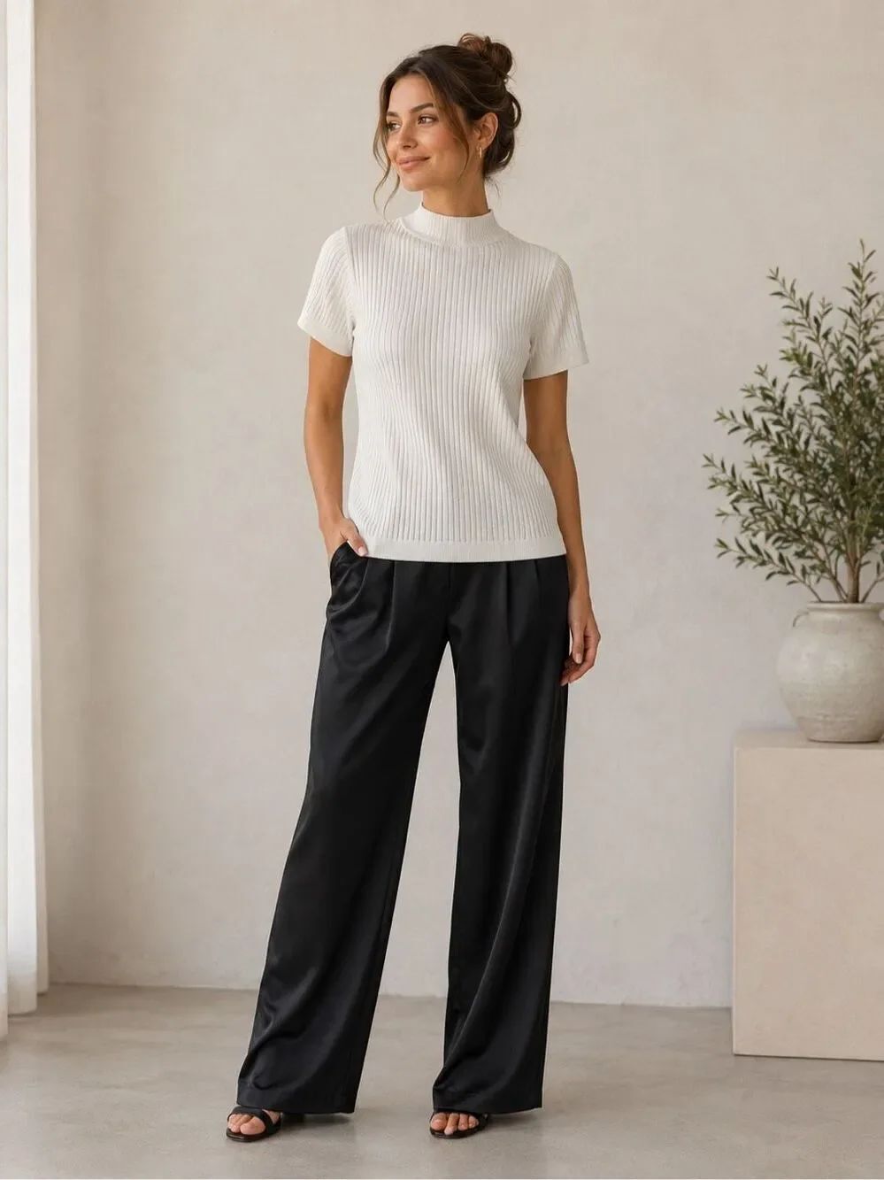 Zara Ribbed Knit Top Size M Mock Neck European Collection Short Sleeve